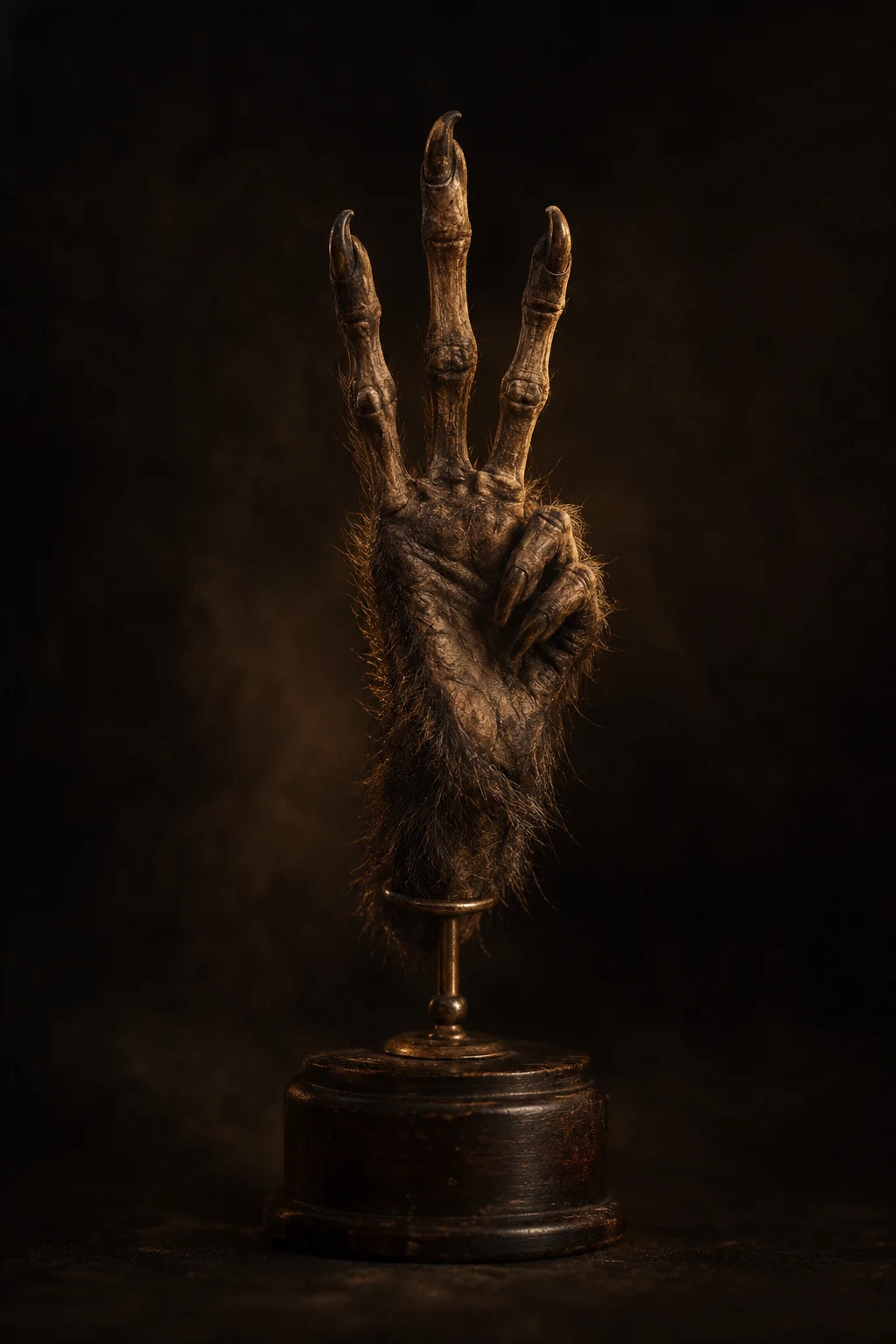 Three fingers of an ancient monkey’s paw, preserved on a brass stand